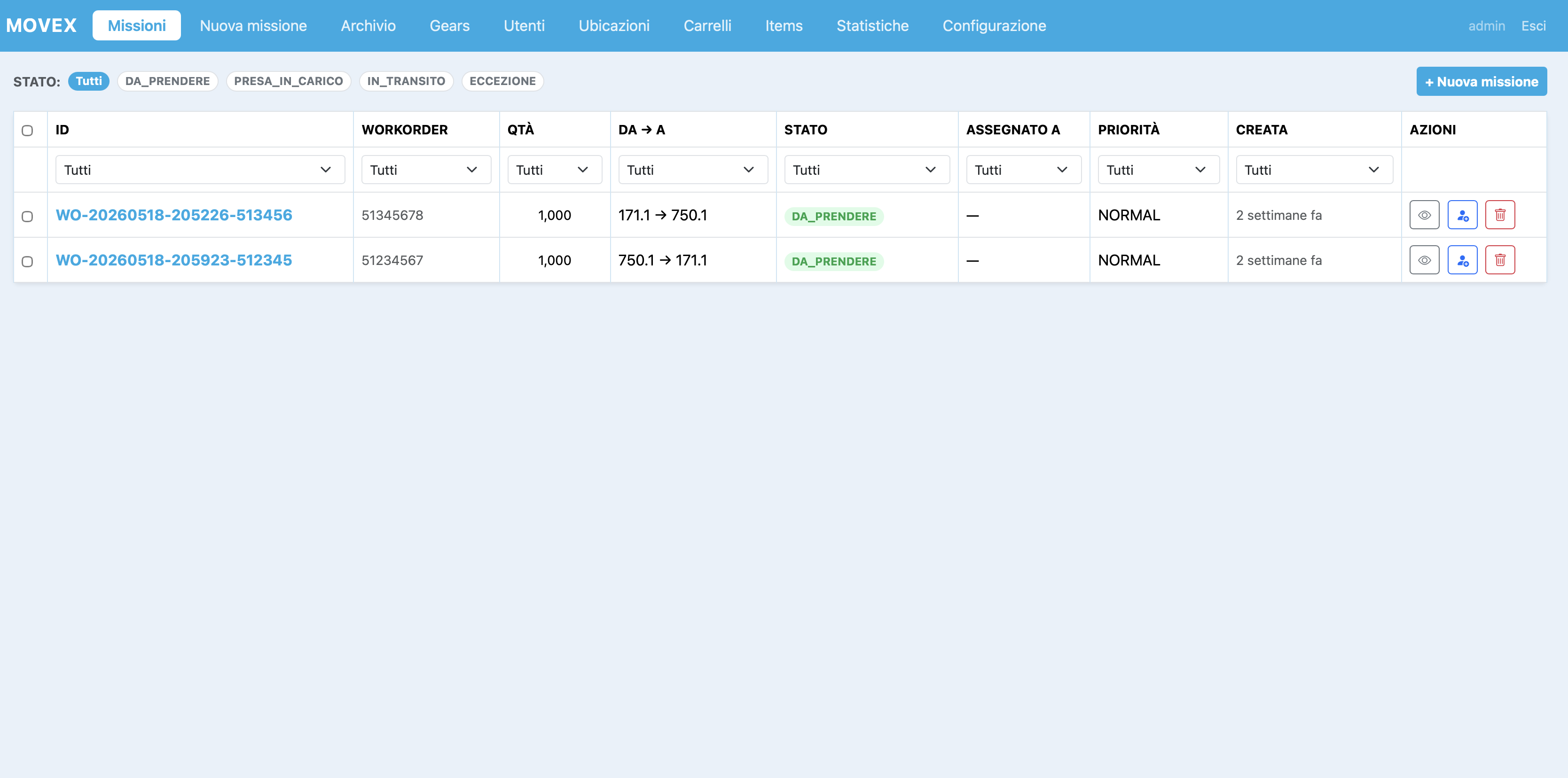Schermata gestione missioni di Movex